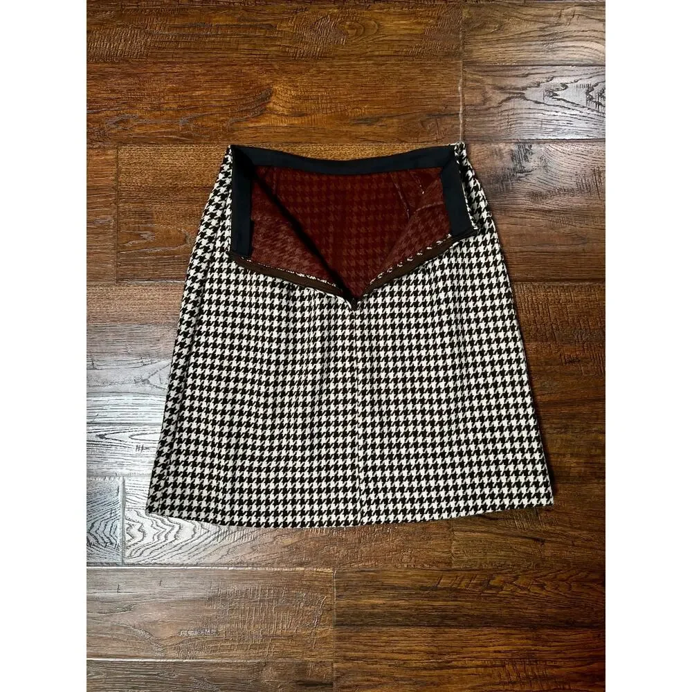 Vintage Short Pencil Style Skirt - Brown Cream Houndstooth Tailored - Small
